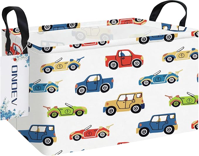 Rectangular Cartoon Car Storage Bin,Closet Organizer Basket | Waterproof fabric, reinforced handles, foldable bin holds apparel, gaming‑gear and belongings for teen‑boy bedrooms