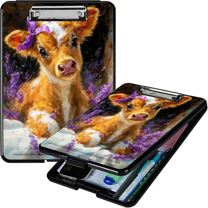 Heavy Duty Storage Clipboard, Slim Nursing Clipboard with Internal Pen Case, Portable File Organizer Case for A4 Letter Size Paper Office Medical Professionals, Lavender Cow