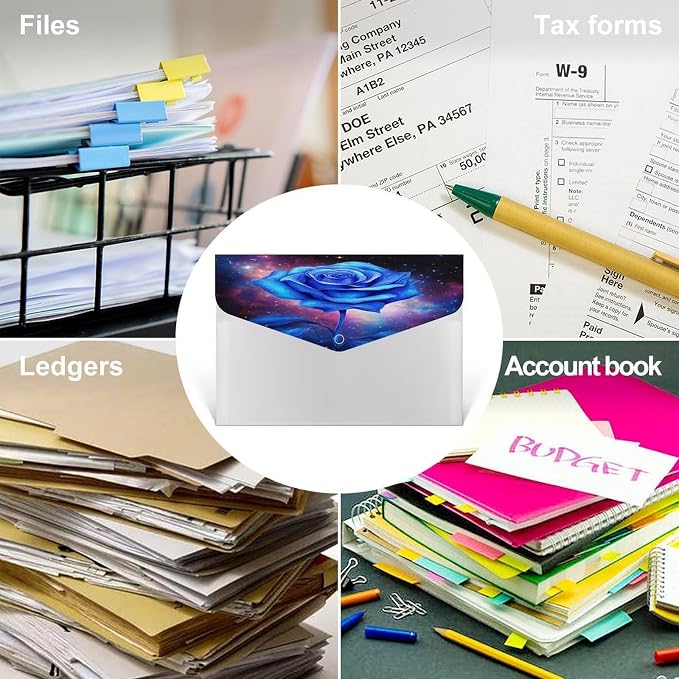 Expanding File Folder, 6 Pockets Accordion File Organizer, Waterproof Space Galaxy Blue Rose Flower Folders for Documents