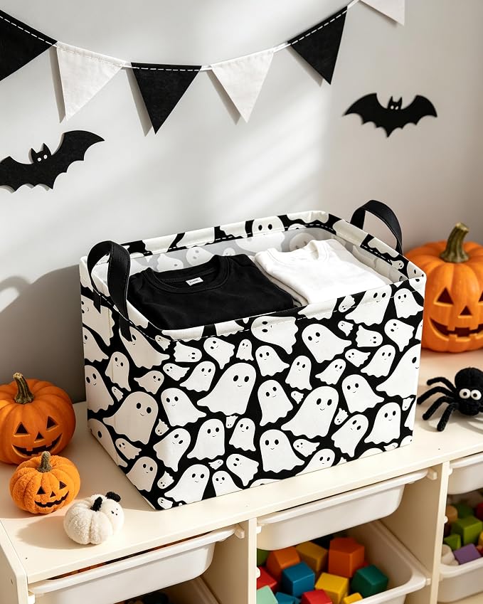 Essme Rectangular Halloween Basket,Ghost Storage Bins Organizer with Handles for Room Decor, Gift Basket.(Black Cute Ghost)