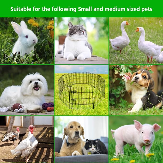 Puppy Pet Playpen 8 Panel 24 Inch Indoor Outdoor Metal Portable Folding Animal Exercise Dog Fence Ideal for Pet Animals Dog Cat Rabbit Breed Puppy (24" x 24" x 8) | Eight 24"W x 24"H black rustproof metal panels with built-in door, foldable tool-free d...
