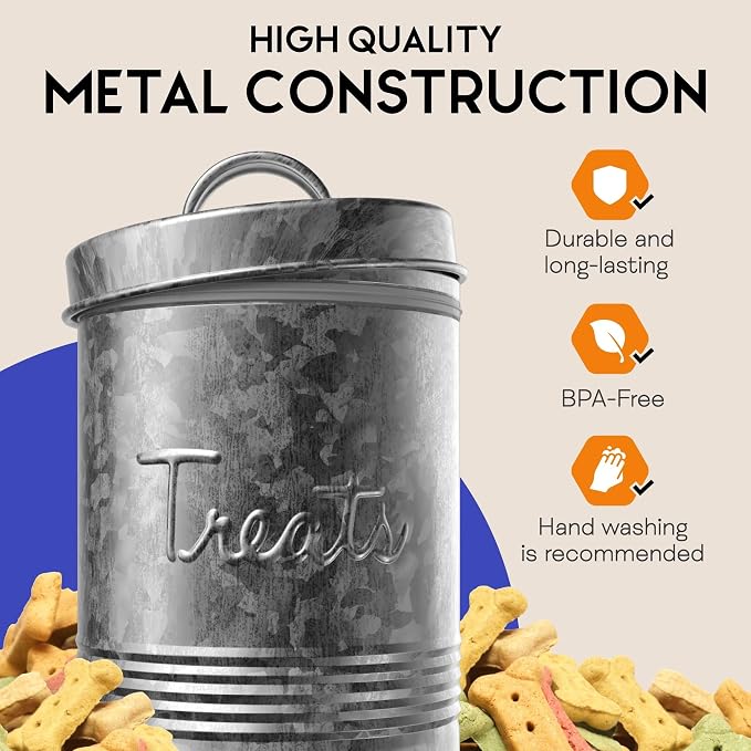 Amici Pet, Retro Treats Galvanized Relief Lettering Metal Storage Canister, Food Safe, Push Top, 72 Ounces (Pack of 2)