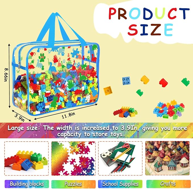 6 Packs Large Toy Storage Bags with Labels, Reusable Clear PVC Storage Bag, Travel Waterproof Organizer Bags (Blue-cute pattern)