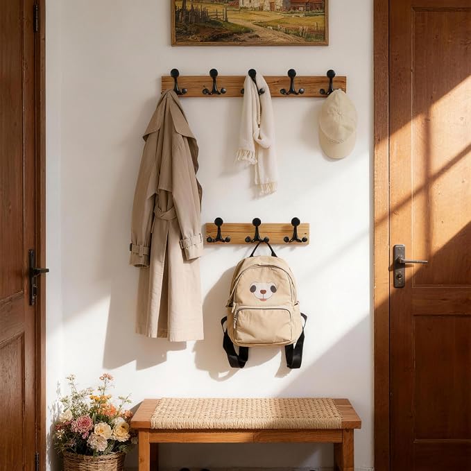 SKOLOO 30-Inch Wood Coat Rack Wall Mount with 5 Triple Hooks - Ideal for Family Entrances, Classrooms, and Pet Supplies Storage - Perfect Coat Hooks for Wall, Black on Natural