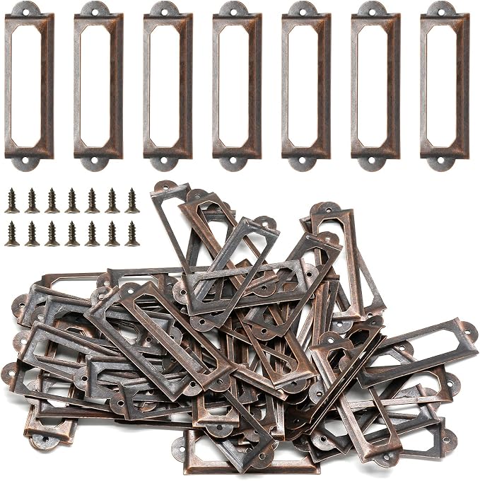 50 PCS Metal Label Holders 60x17mm Red Bronze with Screws | Iron Red Bronze-Plated Rust-Proof, 60x17mm Fits 44x10mm Label, Screws Included, For Cabinet Drawer File Box
