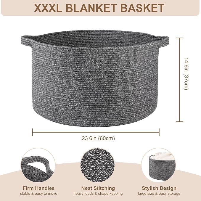OIASKET Large Woven Baskets for Storage, 23.6" x 23.6" x 14.6" Blanket Storage Living Room, Baby Toy Basket for Clothes, Pillows, Towels, Shoe Basket for Entryway (Dark Grey)