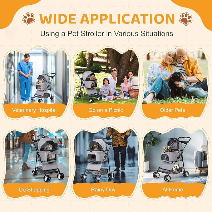 ZENY Pet Stroller, 3 in1 Foldable Dog Cat Jogger Stroller with 4 Wheels | Detachable Basket and Cup Holder, Travel Folding Carrier for Small/Medium Pet (Gray)