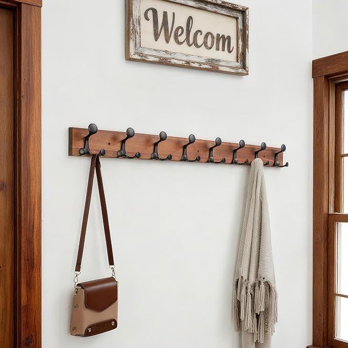 SKOLOO 43-Inch Wood Coat Rack Wall Mount with 8 Triple Hooks - Ideal for Family Entrances, Classrooms, and Pet Supplies Storage - Perfect Coat Hooks for Wall,Charred Golden Brown