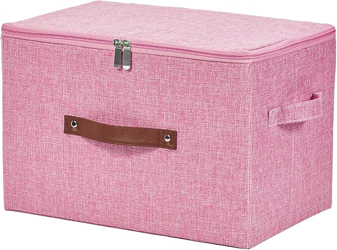 Storage Bins with Zipper Lids Decorative Lidded Baskets Boxes | Clothes Container, Closet Shelf Organizer, Foldable Washable, Cotton Linen Fabric, w/ PU Leather Handles, Pink, Large