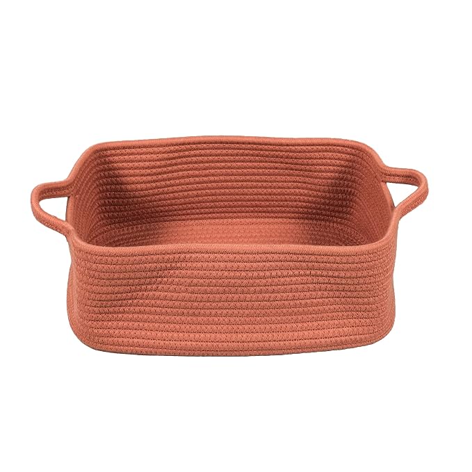 XUANGUO Medium Woven Cotton Rope Storage Basket with Handles, Rust | Small decorative rectangle storage bin for baby nursery items and cat toys; ideal as an empty gift basket or dog toy basket