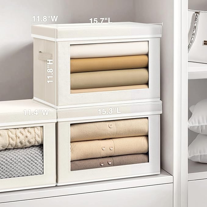 Storage Bins with Lids, 4 Pack Large Storage Cubes with Window, Closet Bins with Lids & Handles, Fabric Box for Organizing Clothes, Towels, Books, Beige