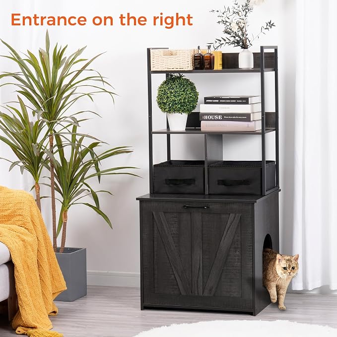 Dwanton Cat Litter Box Enclosure, 2 Storage Shelves and 2 Drawers, 50" H | 2-in-1 Hidden Cat Litter Box Enclosure Furniture with Shelf, Metal Frame, Reversible Entrance, Washable Drawers, Dark Grey
