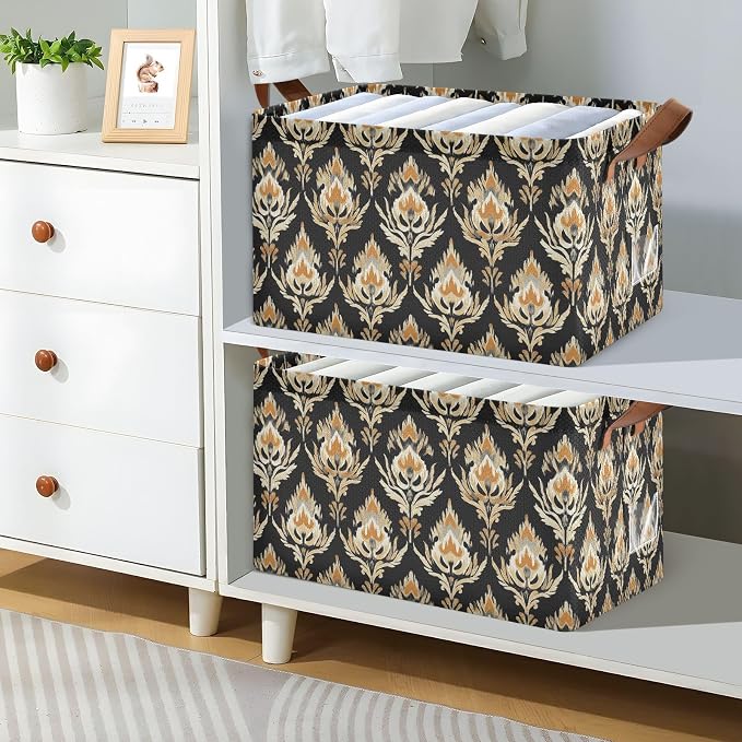 Ethnic Floral Pattern Black Yellow Block Storage Bins for Shelves with Labels&Handles Fabric Organizer Bin Foldable Rectangle Storage Basket Boxes for Closet, Bathroom, Home, Living Room