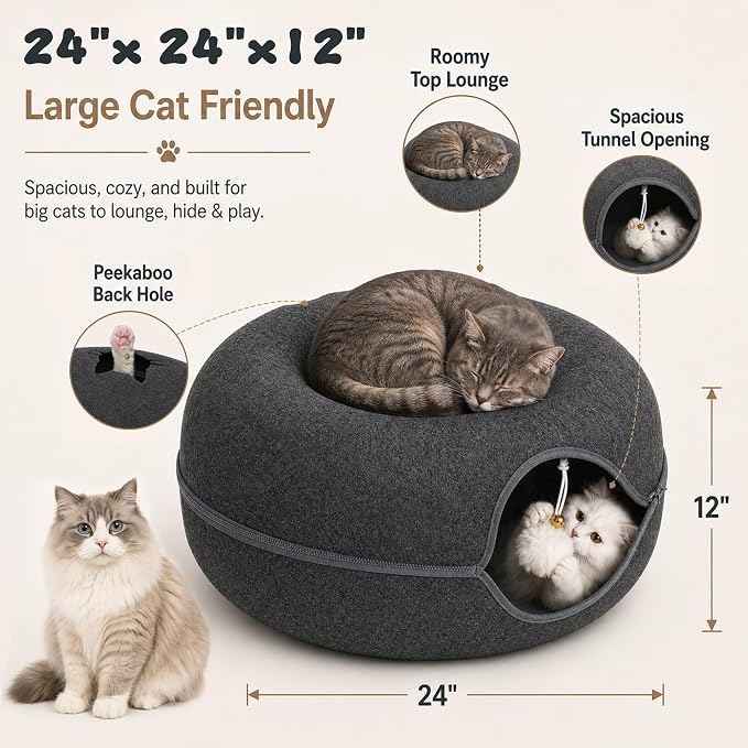 Felt Cat Tunnel for Large Indoor Cats, 24" x 24" x 12" Peekaboo Cave Bed | Dark Grey 24" x 24" x 12" sturdy 1300g felt cave with 7" entrance, rear peek hole, large zipper and hanging ball.