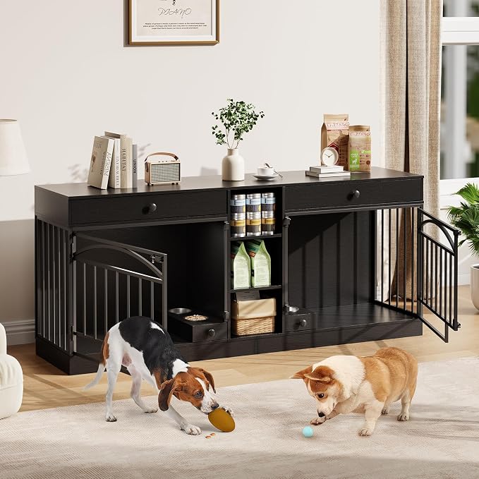 IDEALHOUSE 78.7" Double Dog Crate Furniture with Storage and 2 Doors, Black | Dog Kennel Indoor with Feeding Bowls, Wood Dog Crate TV Stand for Small Medium Dogs