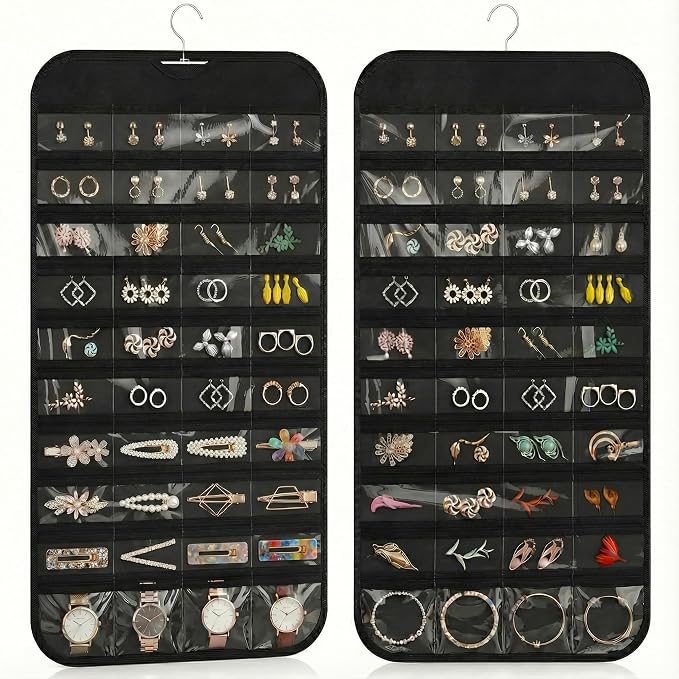 Hanging Jewelry Organizer with 80 Clear Pockets | Double Sided Jewelry Storage Organizer for Necklaces, Earrings and Accessories with Closet Hanging Design