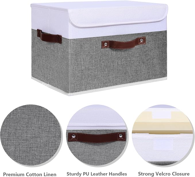 ANMINY Fabric Storage Box Bins with Lids, Gray White, 15"x10"x10", 4 Pack | Keepsake Memory Storage, Cotton Linen, PP Board Reinforced, Washable, PU Handles, Foldable & Stackable, Decorative, Large