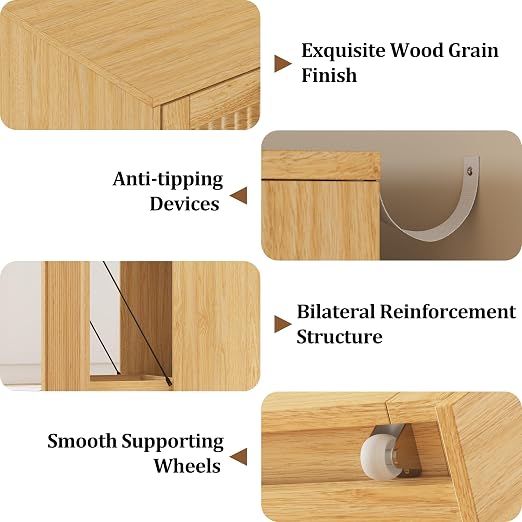 13 Gallons Pull Out Trash Can Cabinet, Hidden Trash Can, Natural Oak | Fluted Kitchen Trash Cabinet with Drawer, Freestanding Garbage Pet Proof Trash Can Holder for Laundry, Living Room