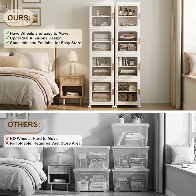4-Tier Tall Narrow Plastic Storage Cabinet, Foldable | Rolling Organizer with Lid,4 Doors,2 Adjustable Shelves,Stackable,Durable PP,Freestanding Bathroom Cabinet for Slim Space