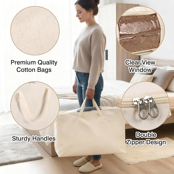 Blanket Storage Bags 70L Canvas Closet Organizers Clothes Container 2 Pack | Canvas Fabric, Reinforced Handles, Foldable Design, for Clothing Comforters Pillows and Toys, Dorm Bedroom and Closet Use