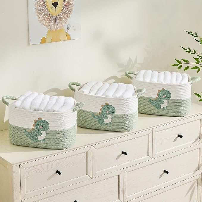 Storage Basket, Woven Baskets for Shelves, Green Dinosaur | 3 Pack Boho Cotton Rope Storage Baskets, 14" x 9" x 8", Home Organizer for Nursery, Holds Toys, Books & Towels