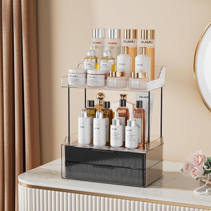 Delamu 4-Tier Makeup Organizer, Bathroom Counter Storage, 2 Drawers,Black | Elegant Vanity Organizer Gift for Women, Holds Perfume, Skincare, Nail Polish & Hair Accessories for Bathroom Countertop