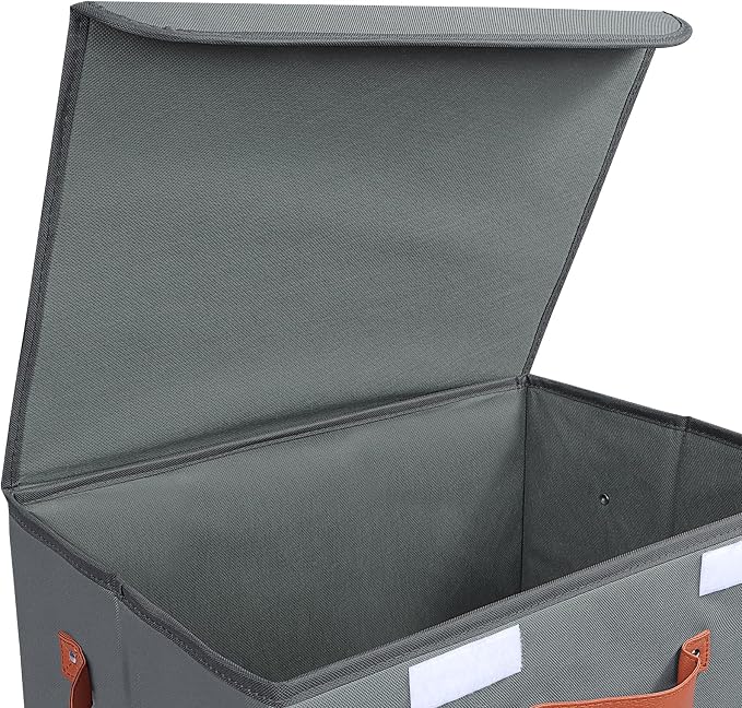 Univivi Fabric Storage Cubes with Lids, Stackable Storage Box, Grey, 3 PCS | Heavy Duty, Large Capacity, Leather Handle, Oxford Fabric, Sturdy PP Board, Storage Bins for Bedroom, Closet, Nursery, Office