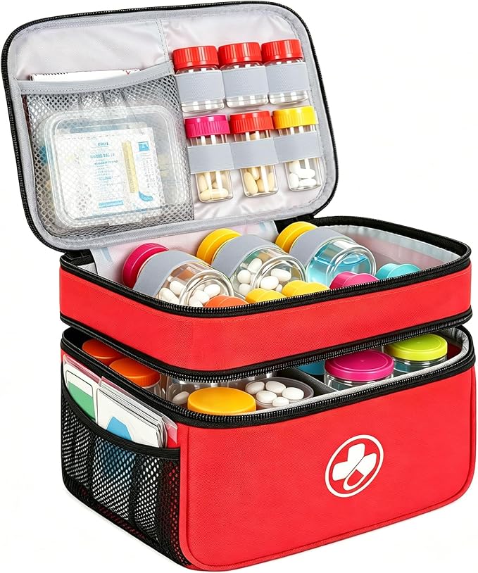 Dual Layers Medicine Organizer, Lockable Travel Pill Bag, Red | Adjustable dividers for neat pill organization. Durable zippers & portable design suit daily use, travel or first aid kit
