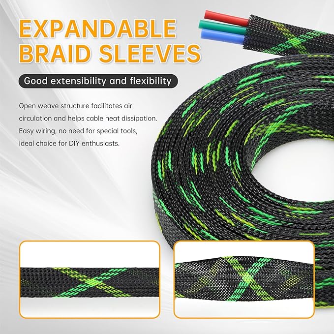 Braided Cable Sleeve, 33ft Expandable Wire Loom for Automotive Wiring Harness & PC Case, Pet-Proof Chew Resistant Cord Protector, Flexible Cable Management (Black-UV Green-UV Yellow, 25mm (1"))