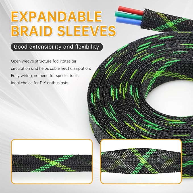 Braided Cable Sleeve, 33ft Expandable Wire Loom for Automotive Wiring Harness & PC Case, Pet-Proof Chew Resistant Cord Protector, Flexible Cable Management (Black-UV Green-UV Yellow, 20mm (25/32"))