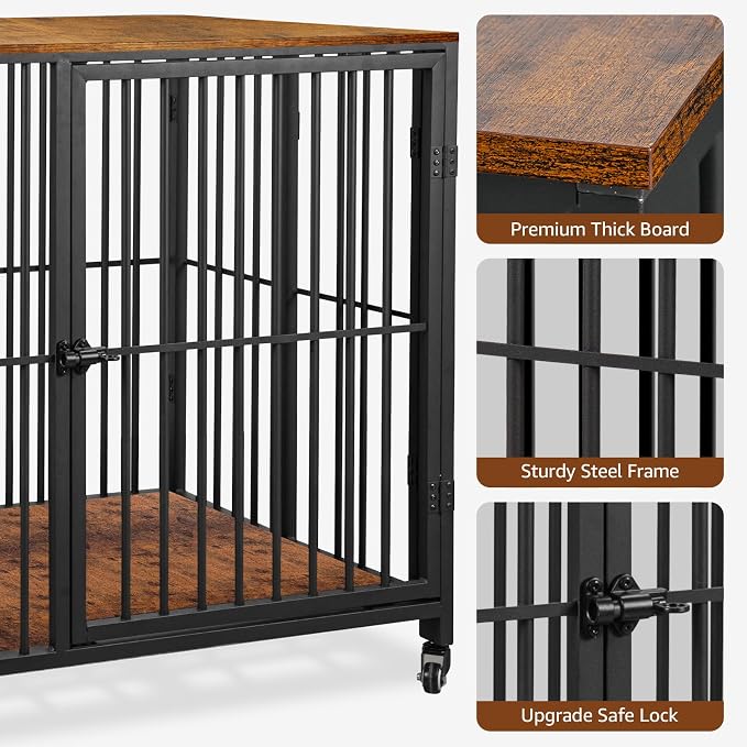 42.3" Large Dog Crate Furniture Foldable, Easy Assembly Dog Kennel Indoor, Heavy Duty Wooden Dog Cage End Table with Wheels, for Small/Medium/Large Dogs