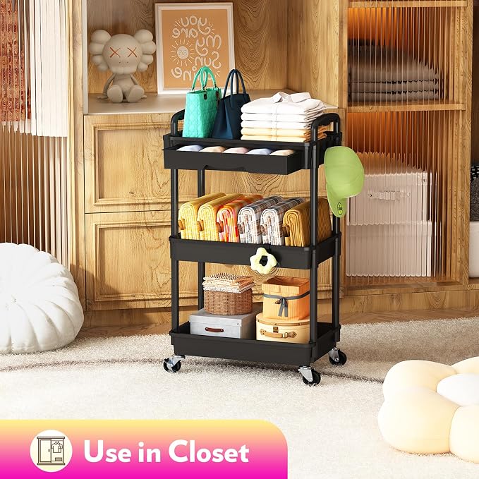 SUNALLY Makeup Cart Organizer with Drawer,3 Tier Rolling Makeup Cart, Black | Rolling Vanity Storage for Skin Care Perfume Nail Polish, Floor Skincare Organizers Cosmetics Display Bathroom Storage Cart