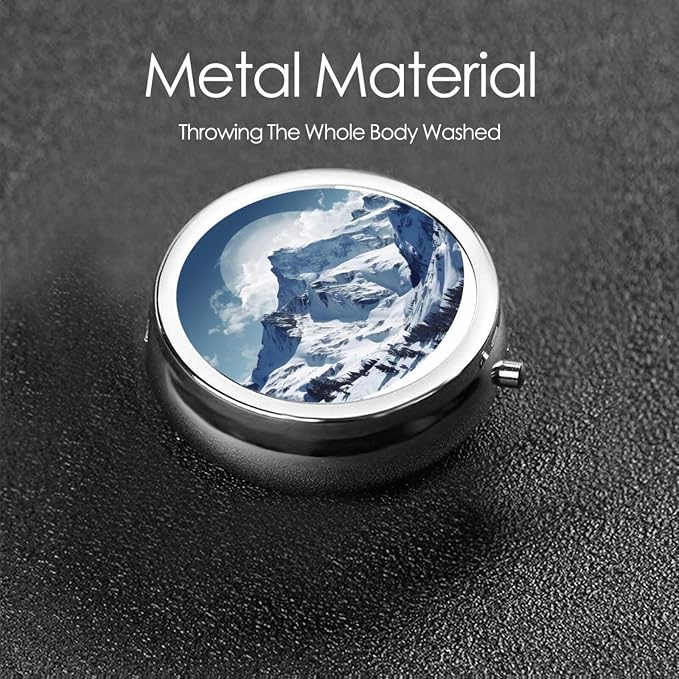 Round Pill Box Snow Mountain Pill Case for Purse & Pocket 3 Compartment Pill Organizer Portable Travel Pillbox Medicine Pill Holder Container for Daily Vitamin Cod Liver Oil Storage