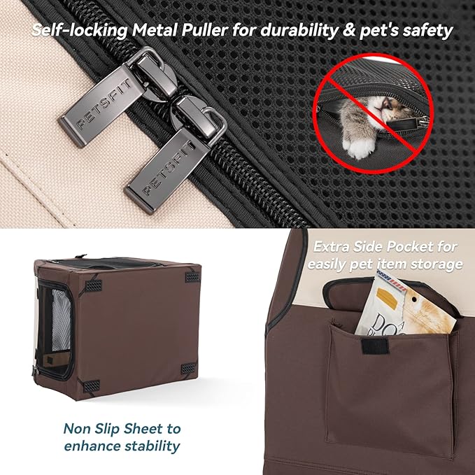 PETSFIT Portable Dog Crate, Soft Sided Dog Crate - 36 Inch Sturdy Adjustable Structure, Easy to Set Up, Collapsible Dog Car Kennel, Light Tough with 3 Mesh Doors Brown