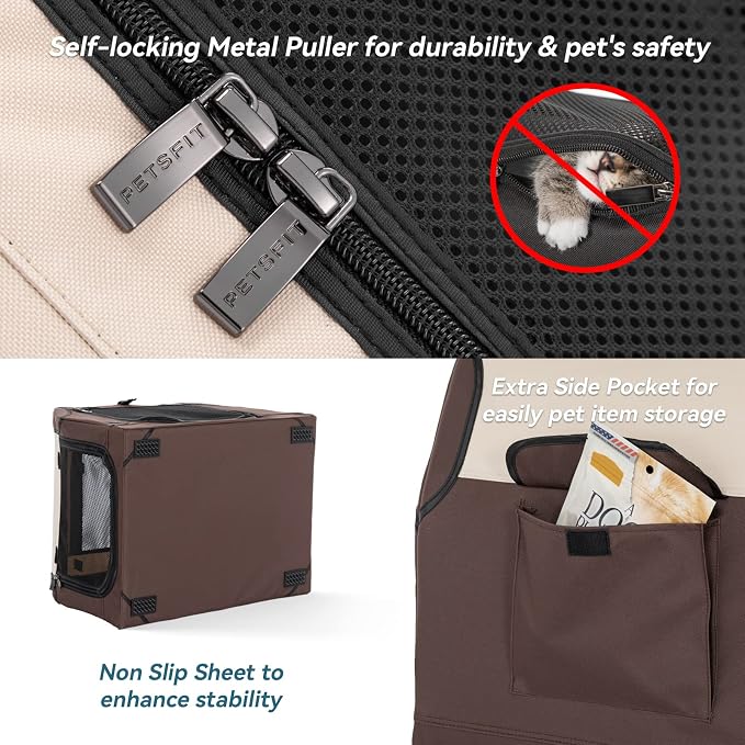 PETSFIT Soft Sided Dog Crate, Portable Dog Crate- 30 Inch Sturdy Adjustable Structure, Easy to Set Up, Collapsible Dog Car Crate, Light Tough with 3 Mesh Doors Brown