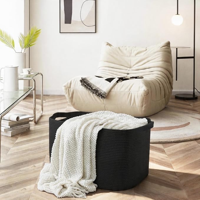 Extra Large Basket for Blankets, 23.6" x 17" x 12" Black Blanket Storage for Living Room, Big Cotton Rope Pillow Holder, Rectangle Kid Dog Toy Bin Box, Woven Laundry Basket, Shoe Bin Entryway