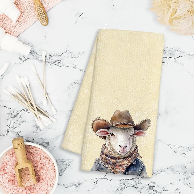 Western Christian Sheep Gifts Kitchen Towels Decorative - Sheep Lamb Lovers Gifts Dish Tea Towels for Kitchen Drying, Christian Cowboy Hat Lamb Hand Towels for Bathroom Decor, 16x24 Inch