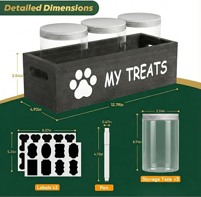qeerable Dog Treat Container Airtight Storage Jars Set of 3 - Clear Plastic Pet Treat Canister with Lids - Dog Food Container for Countertop Organization (grey)