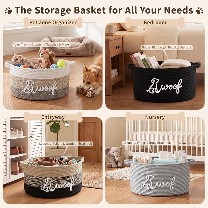 OIAHOMY 22L Large Dog Toy Basket, 16.5"x11.4"x9" Cotton Rope Basket with Cute Woof Embroidery, Soft Woven Pet Toy Box with Handles for Blankets, Leashes & Puppy Accessories, Decorative Organizer Gray