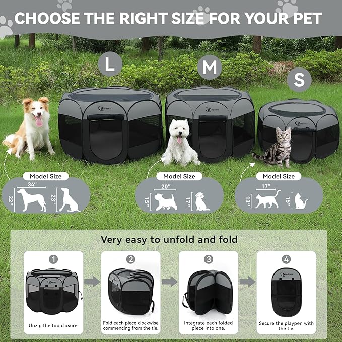 Siedihit Dark Grey Puppy Playpen for Large Dog Cat, Dogs Tent | Crates Cage Indoor/Outdoor, Portable Pop Up Dog Kennel with Carrying Bag for Rabbits(Dark Grey, Large )