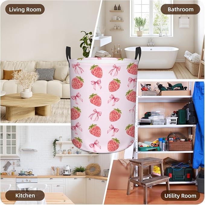 Strawberry Laundry Hamper, Waterproof Laundry Basket for Bedroom, 43L Collapsible Round Storage Bin with Handles for Toys, Storage Basket for Boys Girls, Strawberry Bathroom Decor 13.8x17.7 in