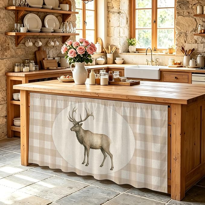 Majestic Buck Cabinet Curtains 28"x51" Sink Skirt for Bathroom Kitchen, Vintage Natural Buck Rustic Linen Plaid Self Stick Adhesive Under Desk Covers Tall Laundry Cabinet Storage Organizer