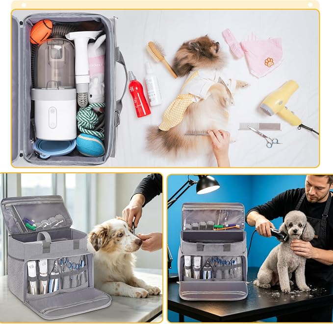 Dog Cat Grooming Bag for Vacuum,Scissors,Dog Grooming Kit Supplies | Portable Pet Grooming Supplies Organizer Tote Bag for Dogs Cats Grooming Kit Trimmer Tool Accessories Grey(Bag Only)