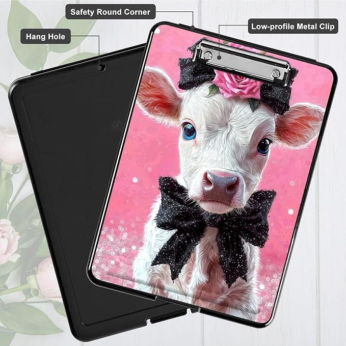 Heavy Duty Storage Clipboard, Slim Nursing Clipboard with Internal Pen Case, Portable File Organizer Case for A4 Letter Size Paper Office Medical Professionals, Pink Flower White Cow