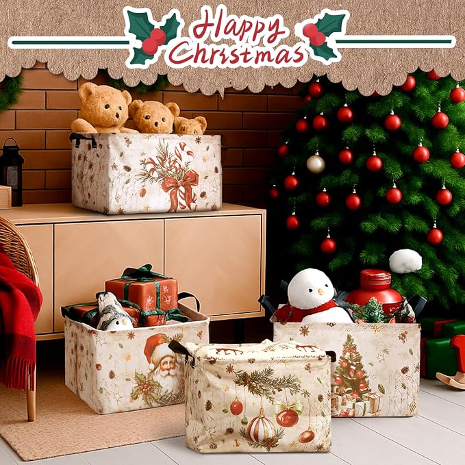 4pcs Christmas Storage Basket Fabric Laundry Baskets with Handle Xmas Foldable Organizer Boxes for Office Home Baby Cloth Toy Book 15 x 10 x 8(Snowman)