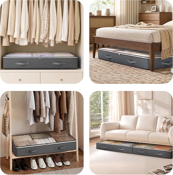95L Under Bed Storage Containers, 6 Pack Storage Bins, Grey | Foldable underbed storage bins for linen sheets, blanket, clothing, comforter, sweaters, pillows, wrapping paper