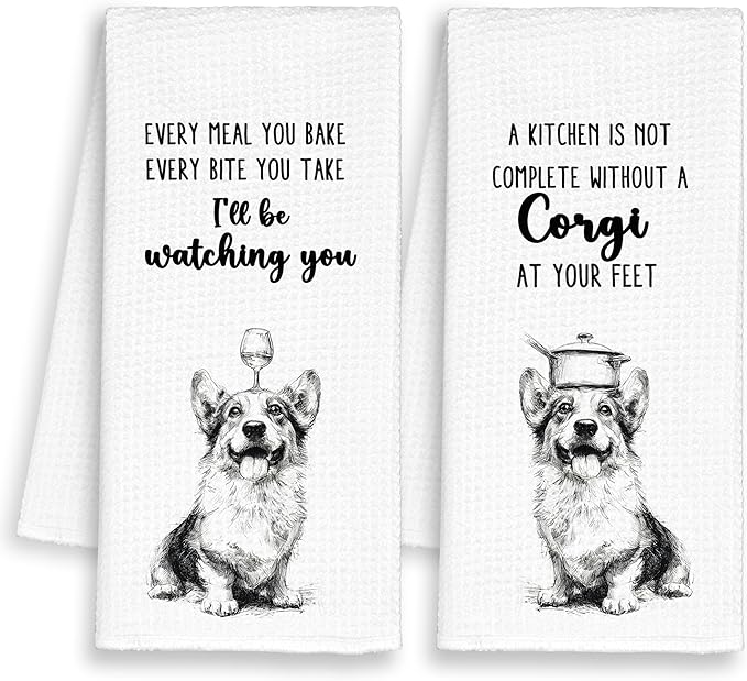 Funny Dog Corgi Kitchen Towels Set of 2, Cute Dish Towel Gifts for Dog Lovers Mom Christmas, Every Meal You Bake Hand Towels Decor for Bathroom, Rustic Tea Bar Towel for Dining Room 16x24in