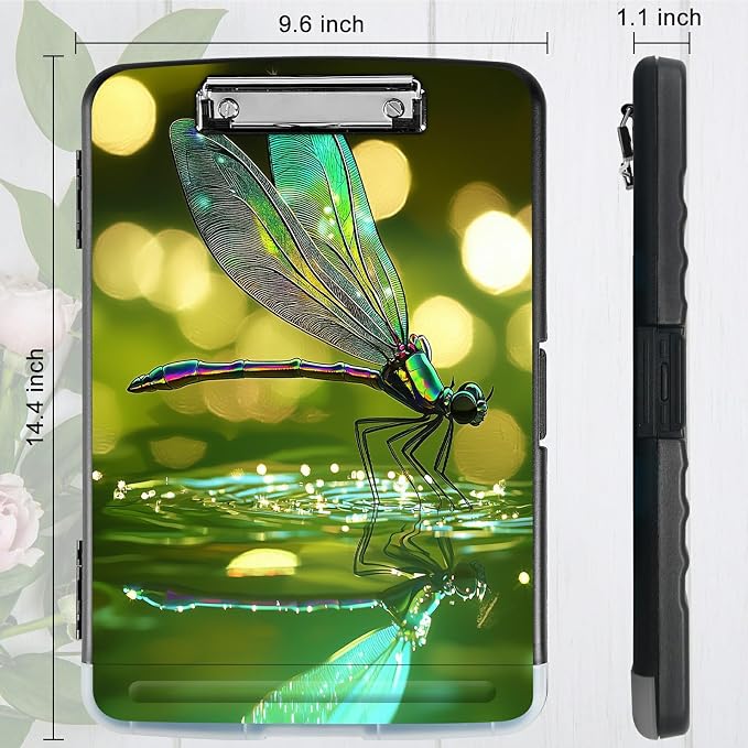A4 Clipboard with Storage Pen Holder, Clipboards Organizer Nursing Clipboard Foldable File Folder Plastic Clipboard Folio Clip Board for Office Work Classroom Doctor, Green Dragonfly
