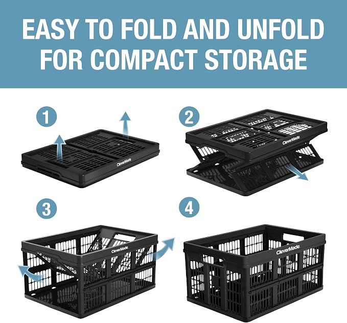 CleverMade Collapsible Utility Crate (Recycled) - 45L - Obsidian (3PK) | Create Stackable Order for Groceries, Tools, and Gear | Each Crate Holds 66 lb, Folds Under 3 Inches, and Carries Easily