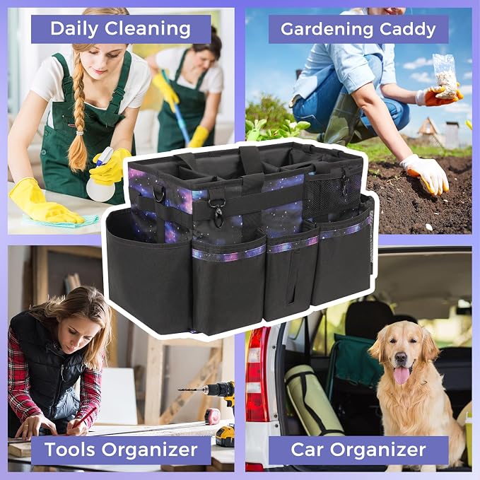 SCAVATA Wearable Cleaning Caddy, Cleaning Caddy Supplies Organizer with Handle & Shoulder Straps for Housekeepers, Under Sink & Car Cleaning Tool Organizers Bag with 4 Foldable Divider (StarrySky)